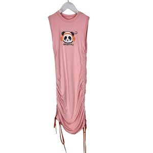 O MIGHTY Dress Womens XS Pink Panda Headphones Ruched Side Bodycon Tank Kawaii